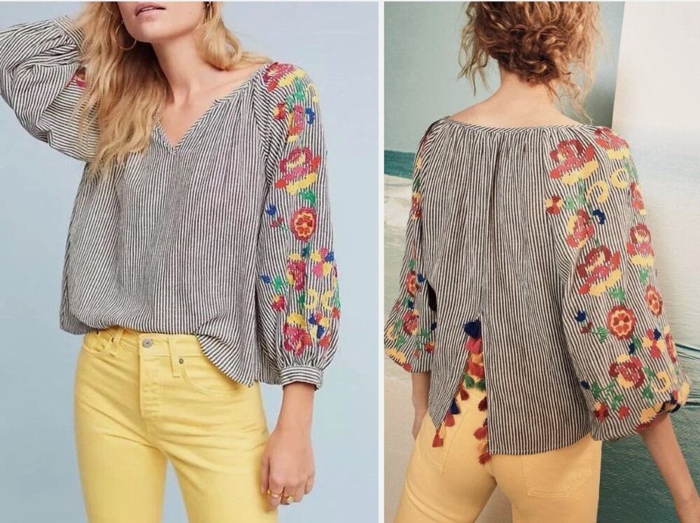XS Anthropologie Floreat Soleil Embroidered Peasant Top Linen Rainbow Tassels